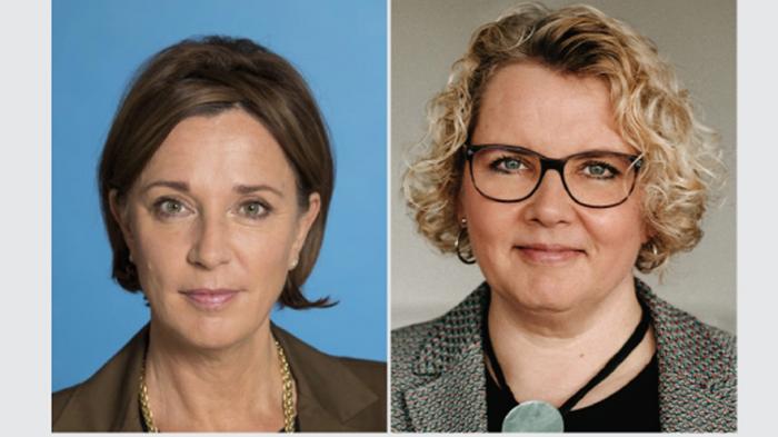 Kultusministerin Yvonne Gebauer (FDP), Maike Finnern (GEW-Vorsitzende). Fotos: links: Landesregierung, rechts Alena Wiescholek