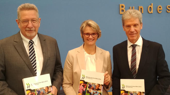 Stellten den Bericht &bdquo;Bildung auf einen Blick&ldquo; in der Bundespressekonferenz vor: Heino von Meyer (OECD), Bundesbildungsministerin Anja Karlizcek (CDU) und KMK-Pr&auml;sident Helmut Holter (Linke, v.l.n.r.). - Bild: zwd