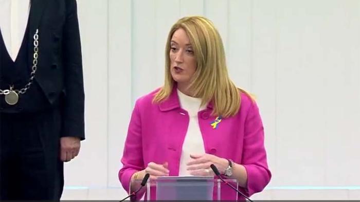 Roberta Matsola in einer Konferenz &uuml;ber Frauen in der Ukraine Quelle: https://twitter.com/RobertaMetsola/status/1501231412527071232