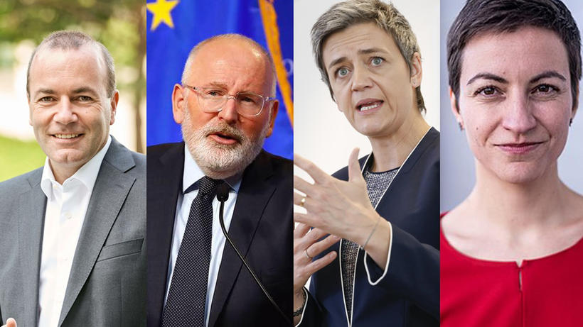 Manfred Weber, Frans Timmermans, Margarethe Vestager und Ska Keller (v.l.n.r.). - Bilder: manfredweber.eu; Facebook; flickr / Friends of Europe; skakeller.de (Montage: zwd)
